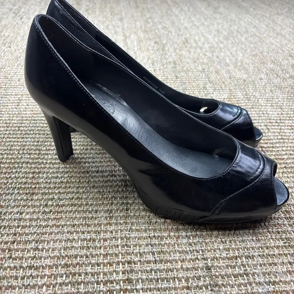 👠 Stuart Weitzman | Size 7.5M | Black Leather Peep Toe Heels